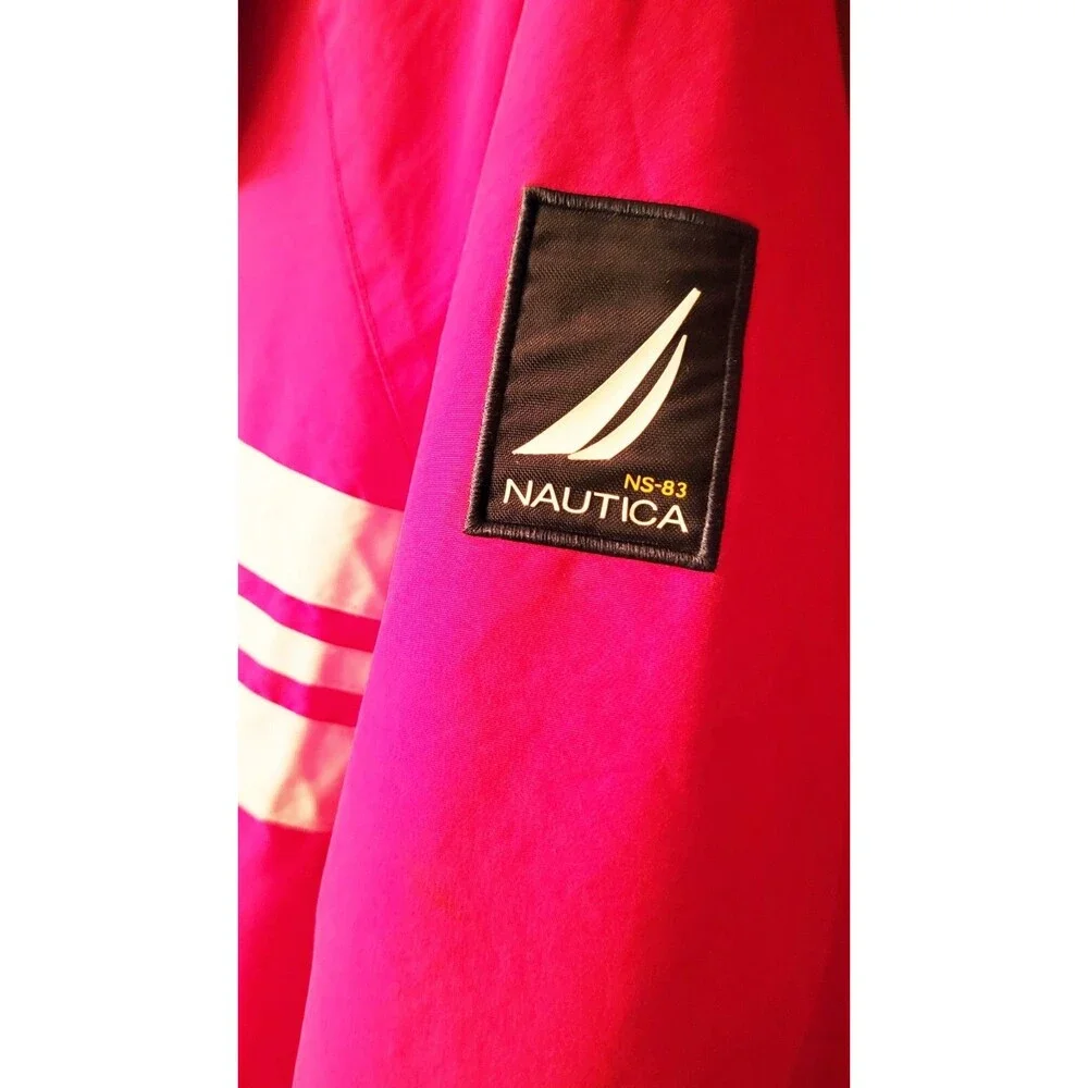 Vintage Nautica Down Puffer Coat Jacket Mens Size Large Red White Stripes Hooded